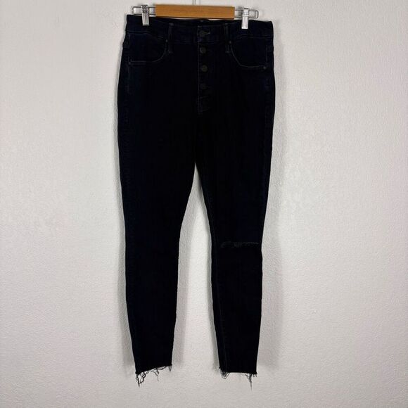 Mother Indigo Blue Button Fly High Rise Ankle Skinny Jeans Slit Knee Raw Hem Siz - Picture 1 of 15